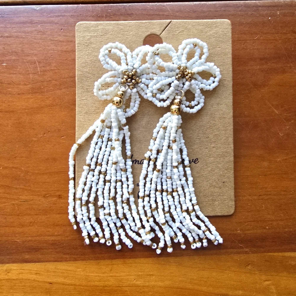 OVS White and Gold Floral Tassel Beaded Earrings NWT
